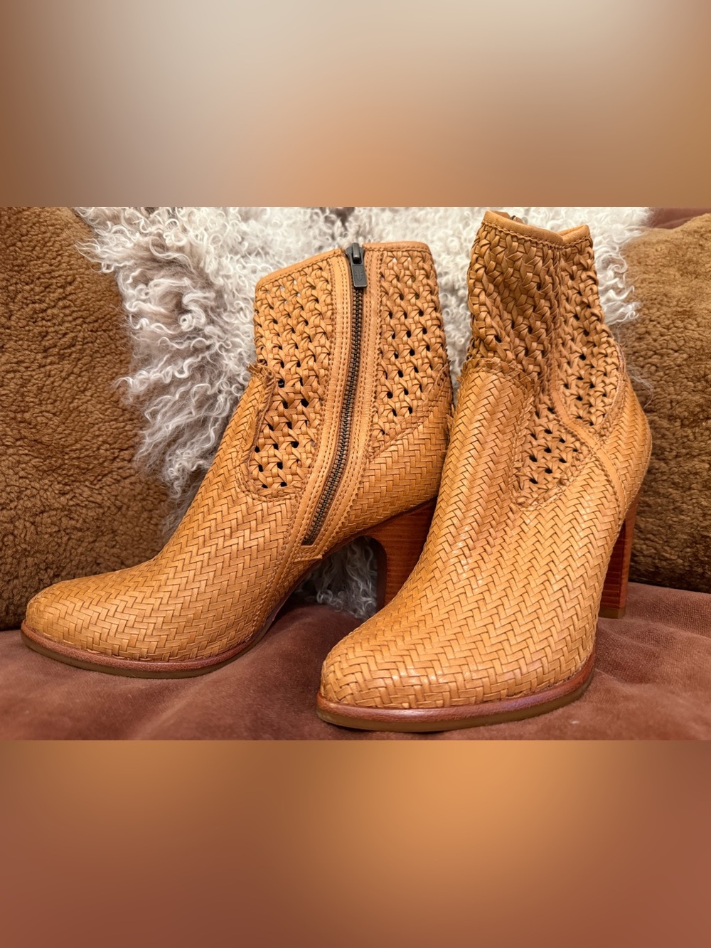 Frye Woven Tan Leather Ankle Booties with Side Zip